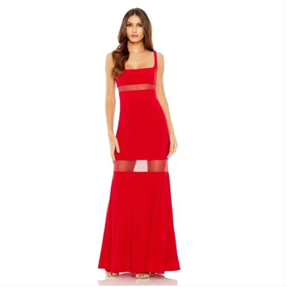 Mac Duggal Sheer Mesh Panel Sheer Detail Column Gown 0 NEW